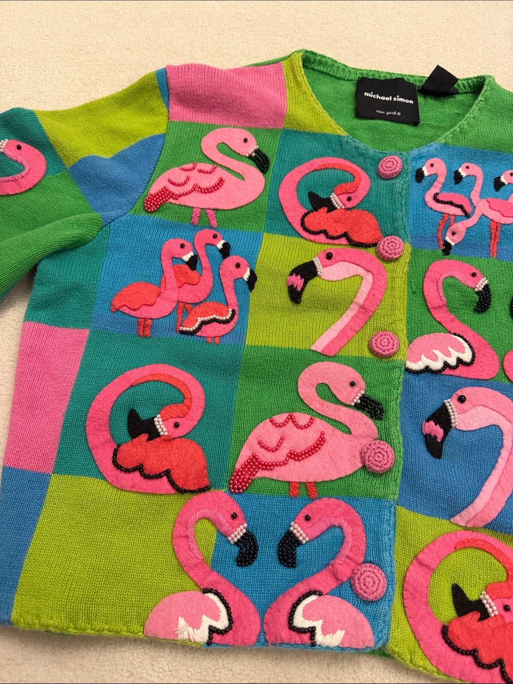 Michael Simon colorful vintage 1999 Flamingo knit sweater cardigan size L - Picture 10 of 15